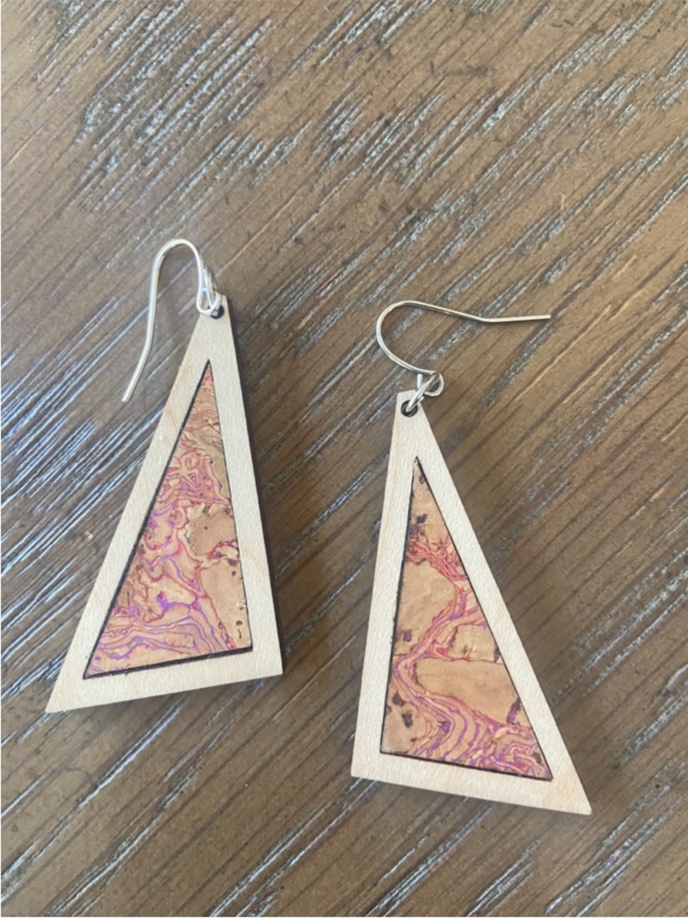 Triangle Wood Drop Earrings with Pink Marble cork Inlay